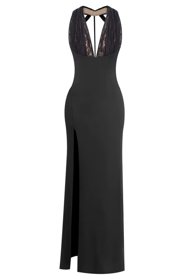 Lace Bustier Backless Maxi Dress Black