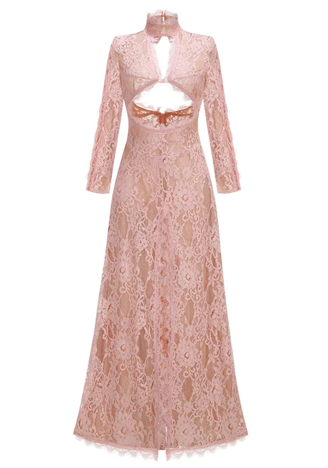 Long Sleeve Cut Out Lace Maxi Dress Pink