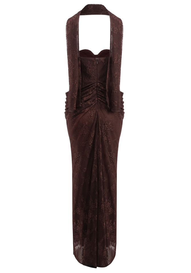 Strapless Draped Lace Bustier Maxi Dress Brown