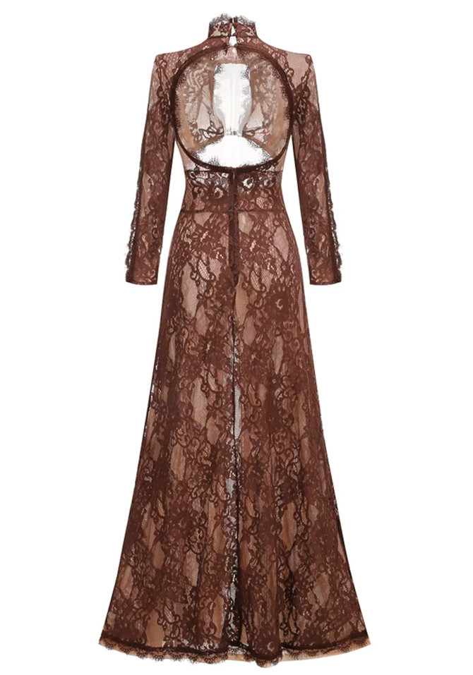 Long Sleeve Cut Out Lace Maxi Dress Brown
