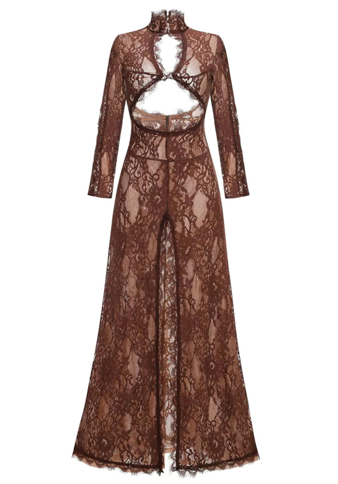 Long Sleeve Cut Out Lace Maxi Dress Brown