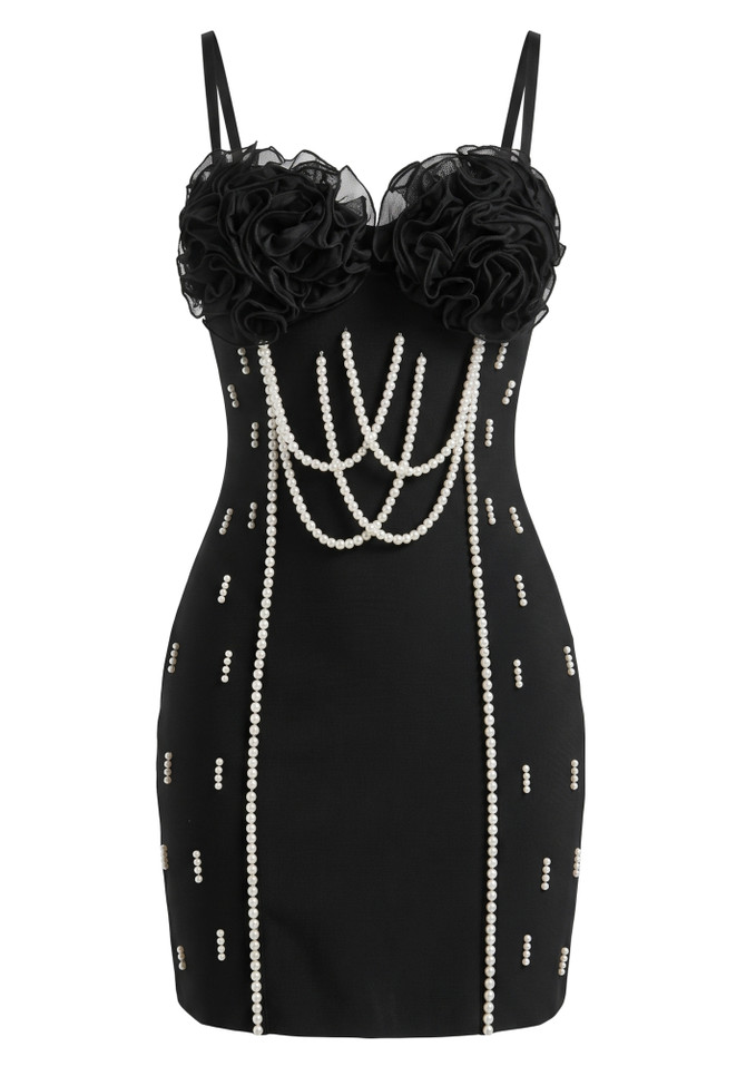 Floral Bustier Pearl Embellished Dress Black