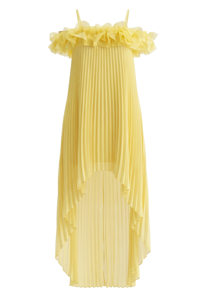 Ruffle Pleated High Low Dress Yellow