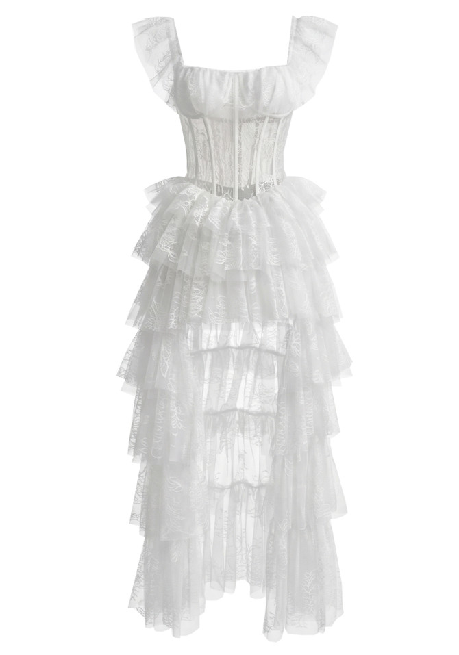 Lace Ruffle Maxi Dress White