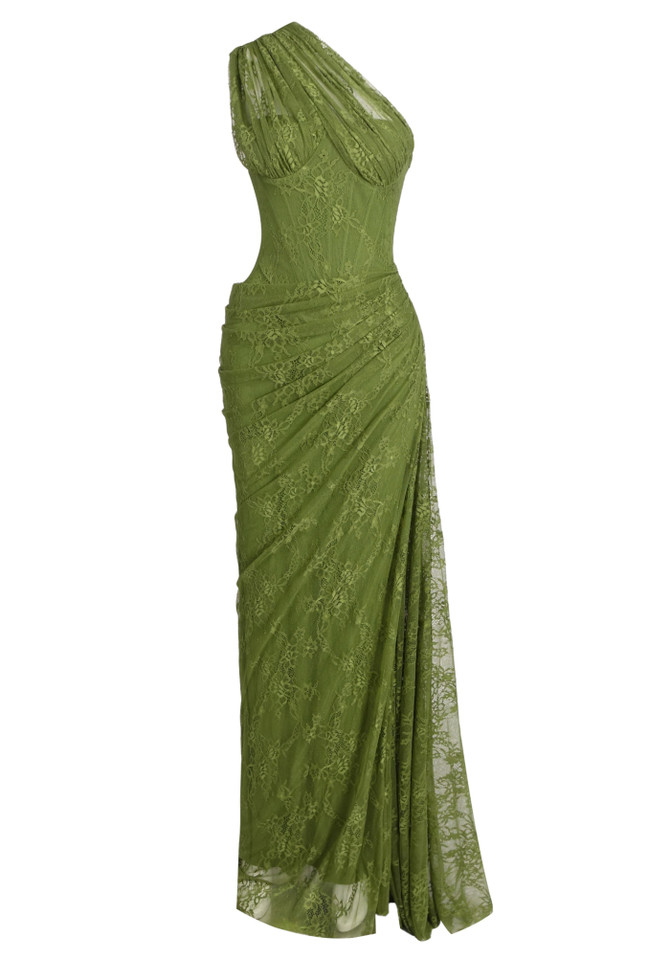 One Shoulder Draped Lace Maxi Dress Green