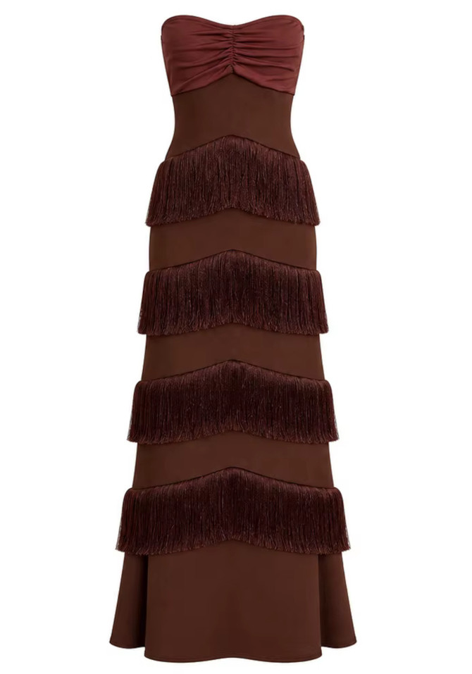 Strapless Tassel Detail Maxi Dress Brown