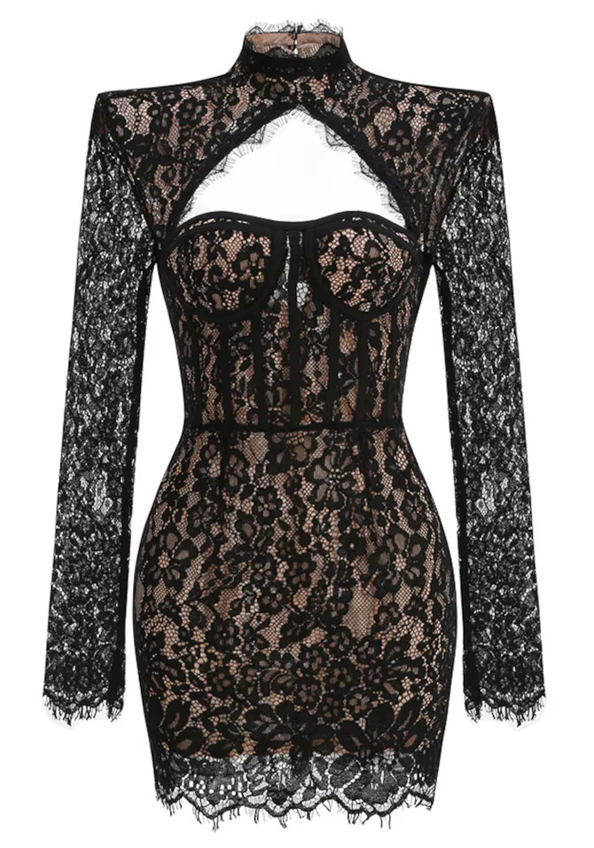 Long Sleeve Lace Bustier Dress Black