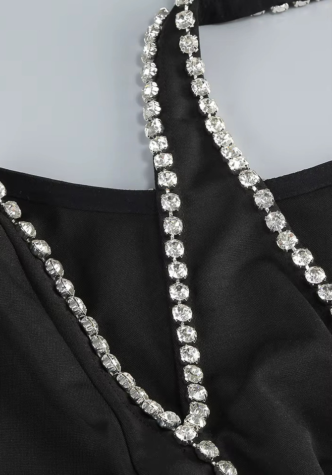 Halter Long Sleeve Crystal Bustier Maxi Dress Black