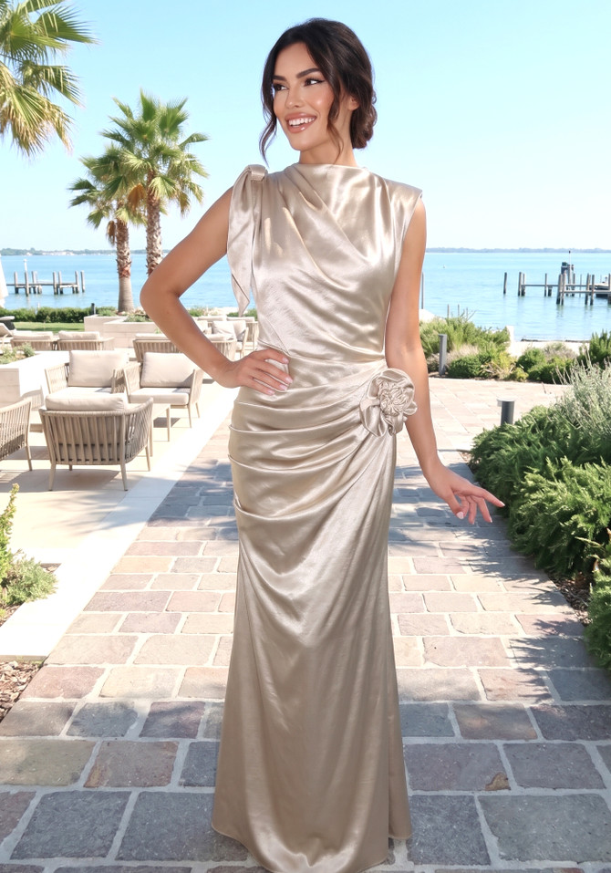 Floral Draped Silk Maxi Dress Gold