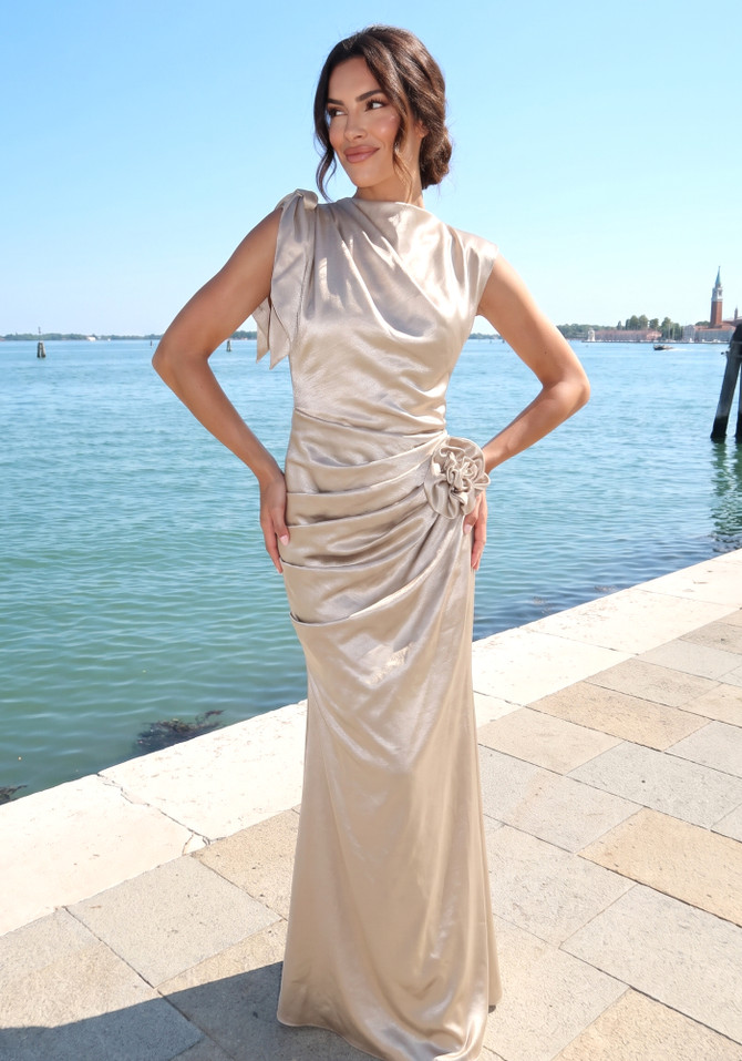 Floral Draped Silk Maxi Dress Gold