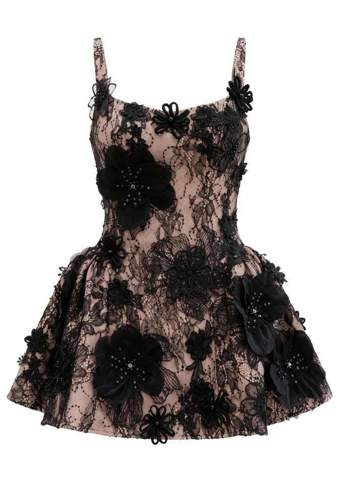 Floral Detail A Line Dress Black