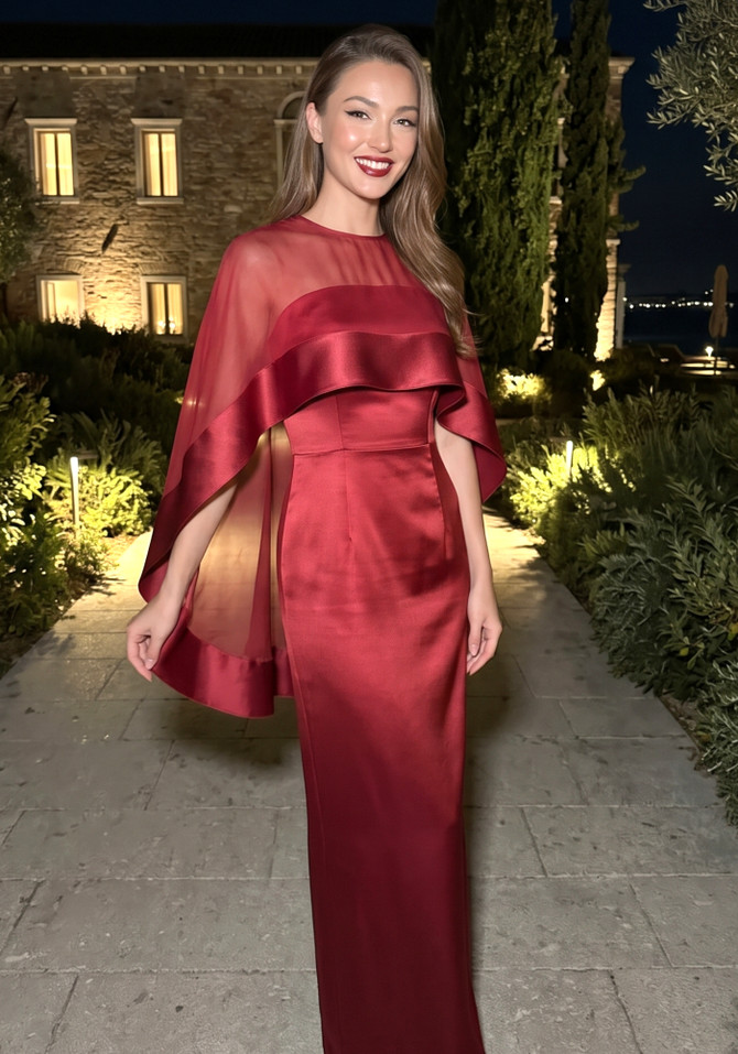 Cape Strapless Maxi Dress Burgundy