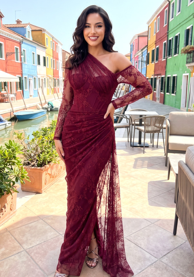 Long Sleeve Draped Lace Maxi Dress Burgundy