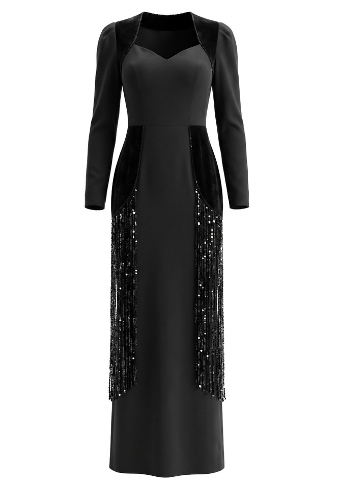 Long Sleeve Sequin Tassel Maxi Dress Black