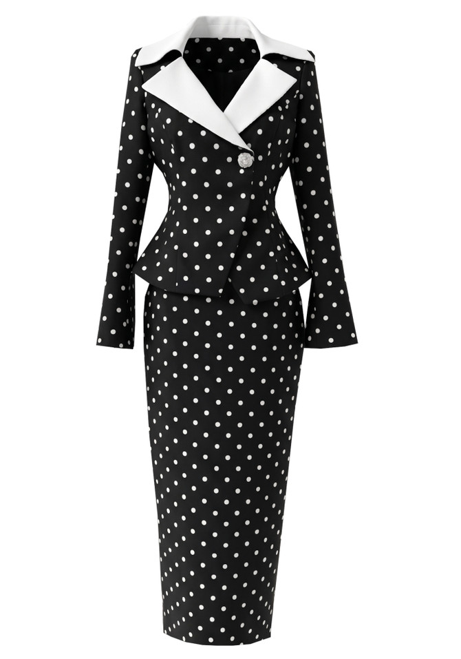 Long Sleeve Polka Dot Midi Two Piece Dress Black