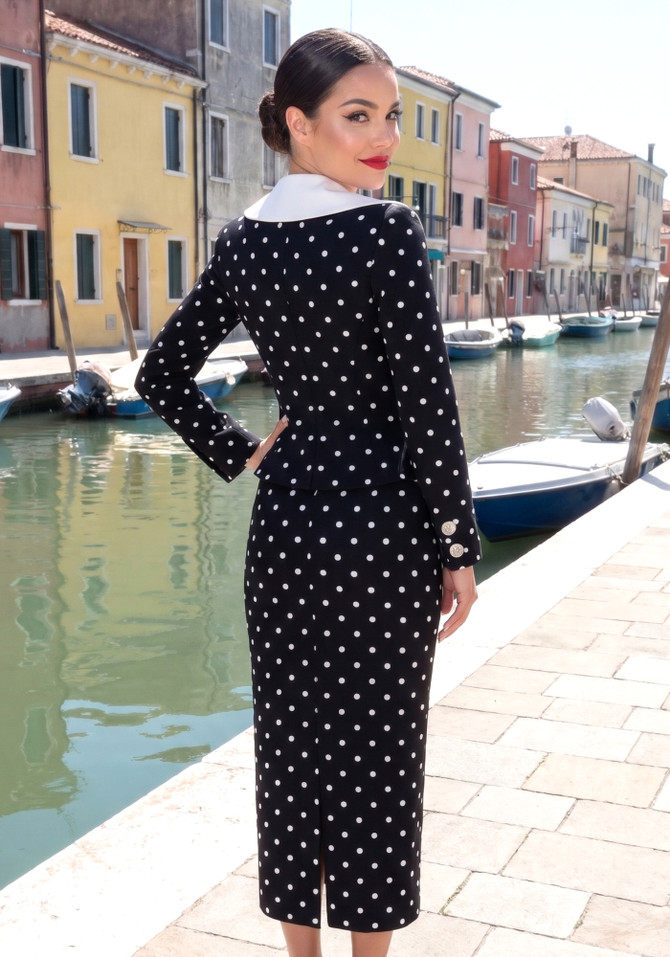 Long Sleeve Polka Dot Midi Two Piece Dress Black