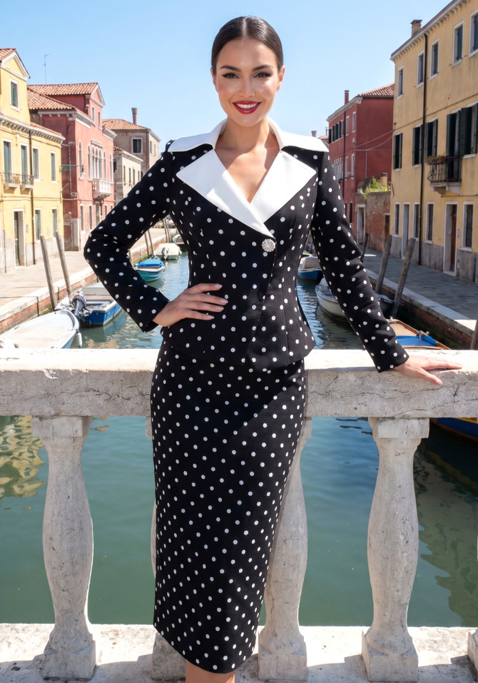 Long Sleeve Polka Dot Midi Two Piece Dress Black