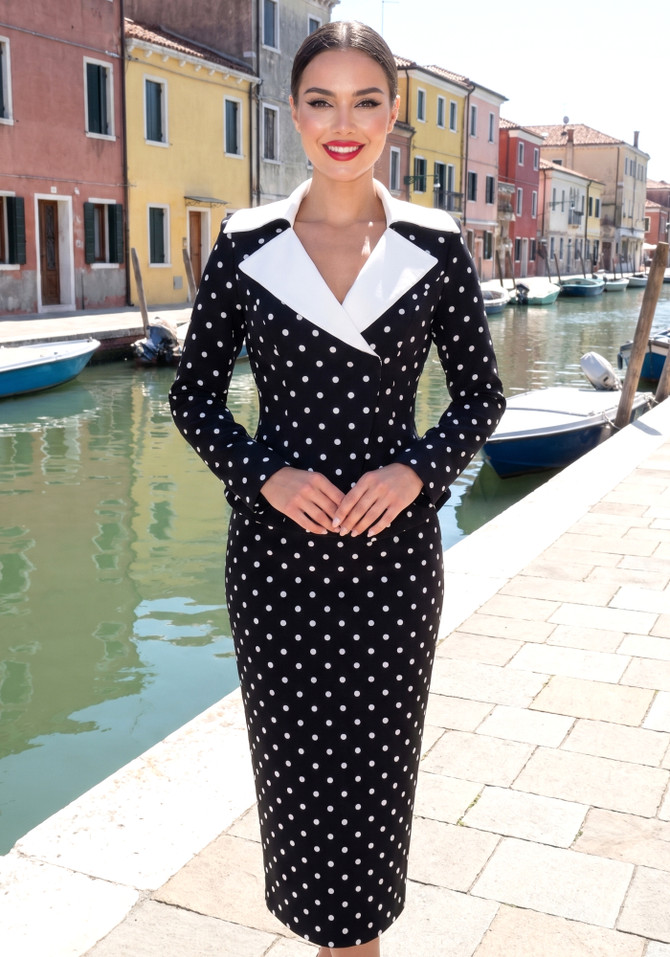 Long Sleeve Polka Dot Midi Two Piece Dress Black