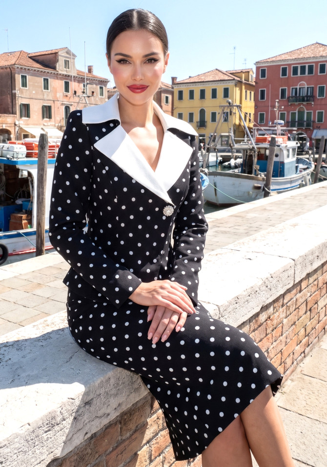 Long Sleeve Polka Dot Midi Two Piece Dress Black
