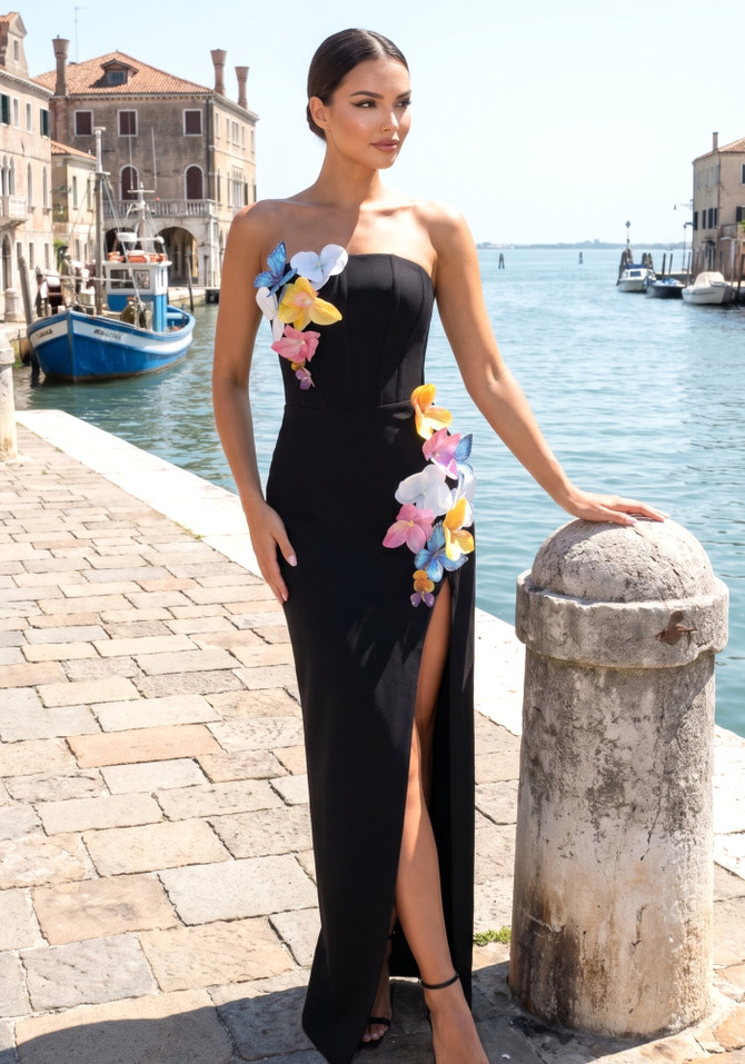Strapless Floral Detail Structured Maxi Dress Black