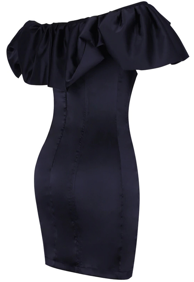 Puff Bardot Satin Dress Black