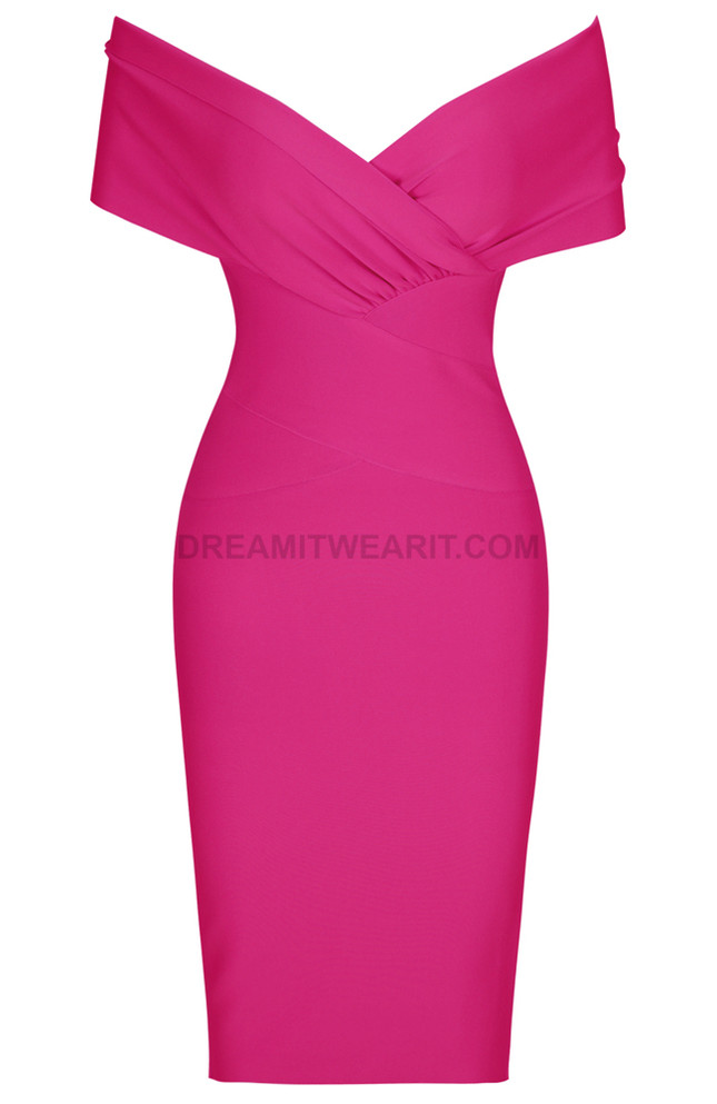 Cross Over Draped Bardot Dress Pink