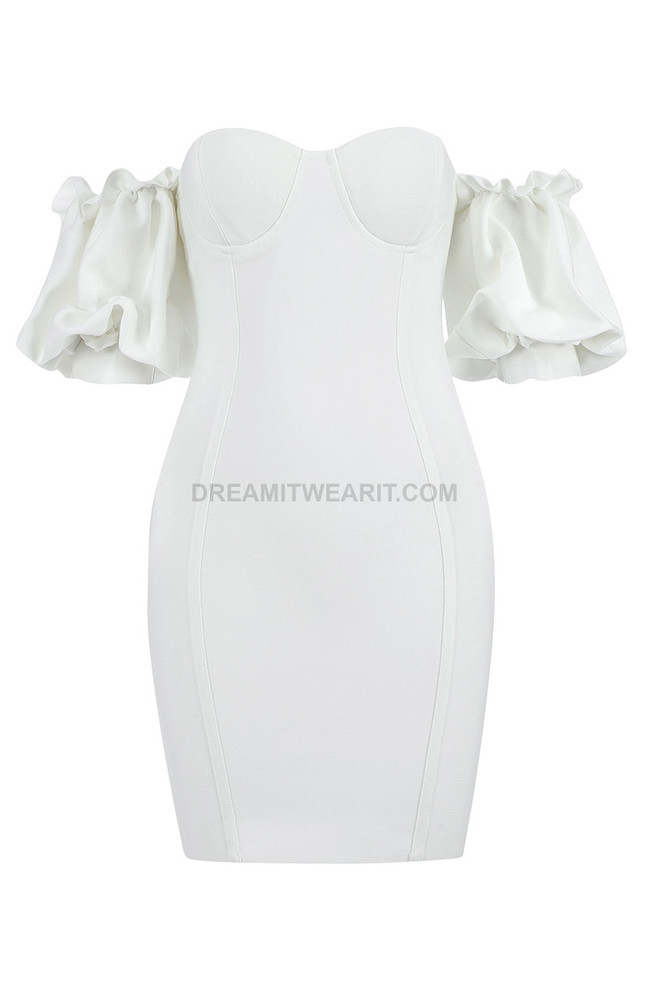 Puff Sleeve Bardot Bustier Dress White