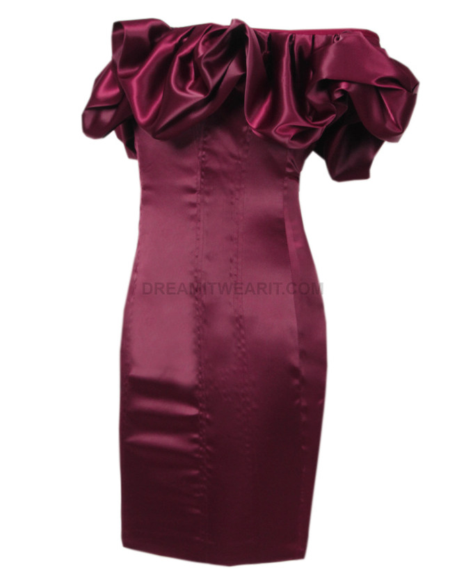 Puff Bardot Satin Dress Burgundy