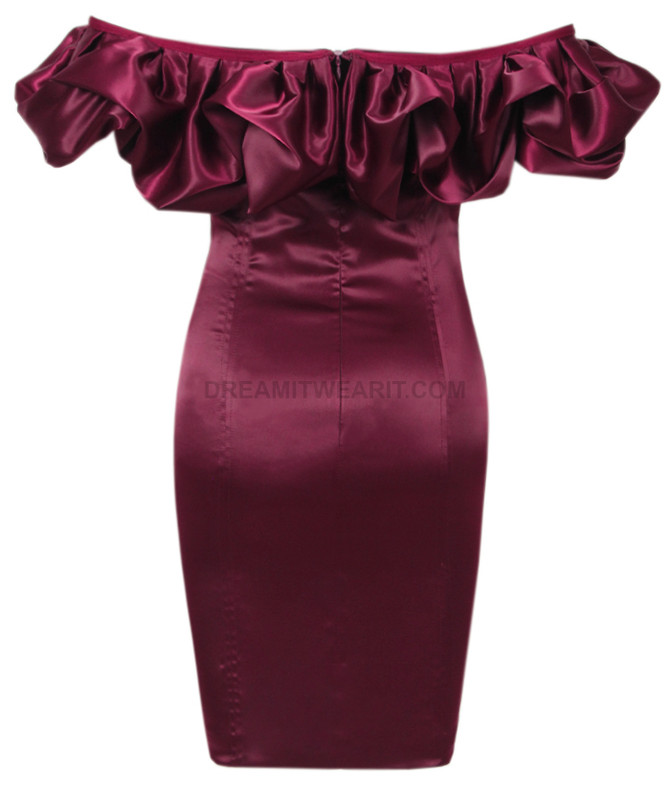 Puff Bardot Satin Dress Burgundy