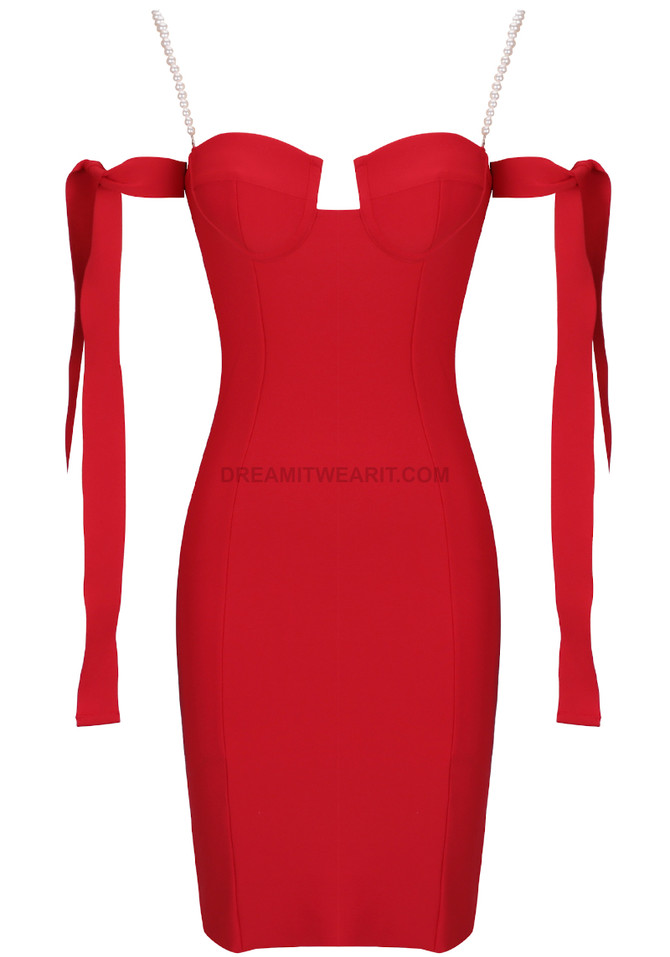 Pearl Strap Bardot Bustier Midi Dress Red