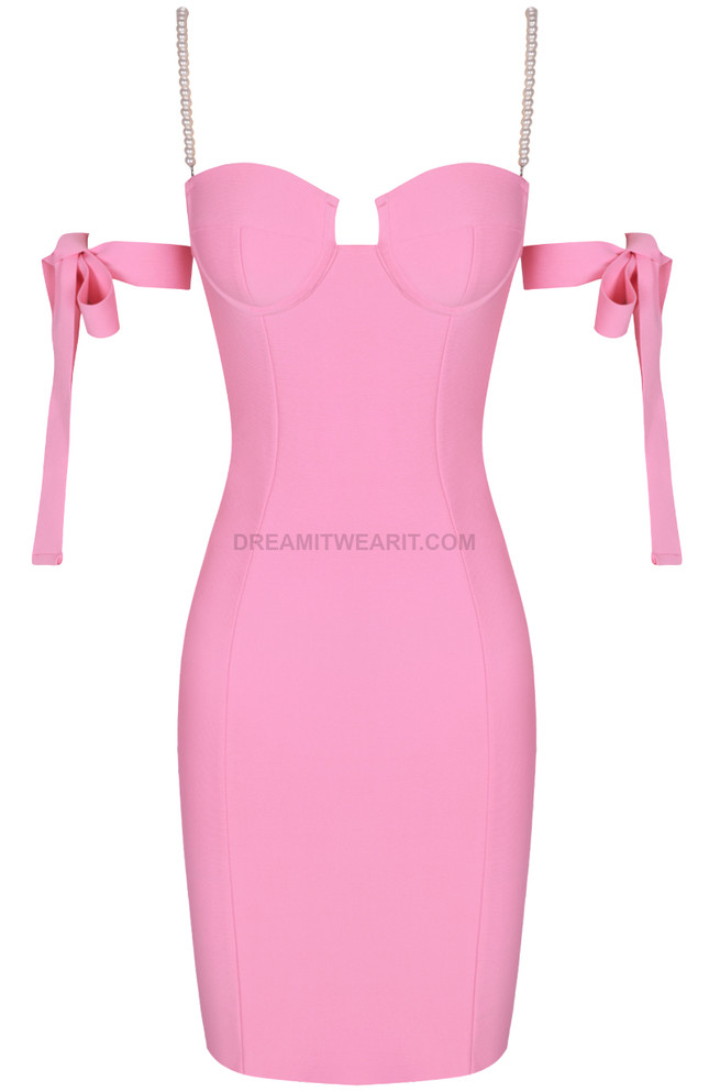 Pearl Strap Bardot Bustier Midi Dress Pink