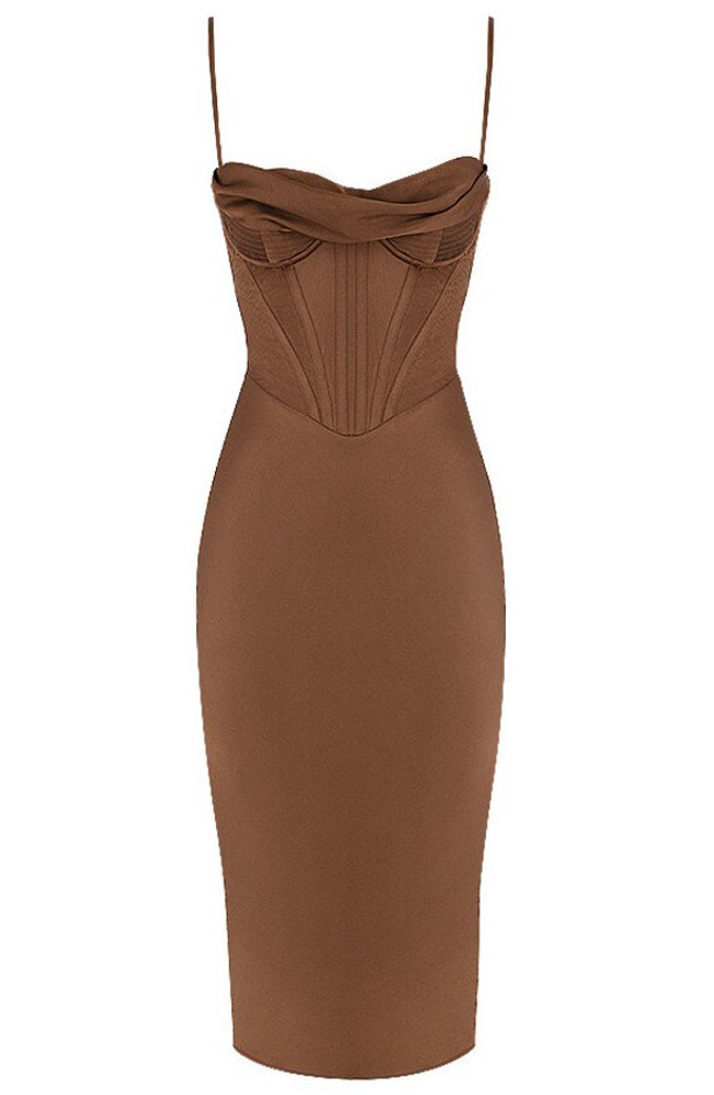 Draped Bustier Corset Midi Dress Brown