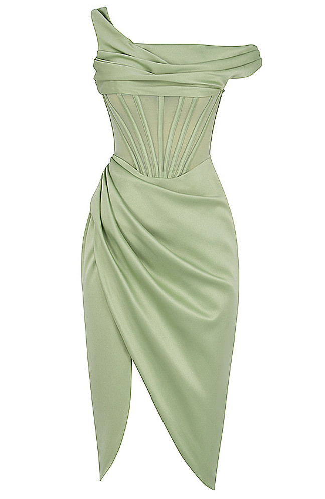 One Sleeve Bardot Draped Midi Satin Dress Green
