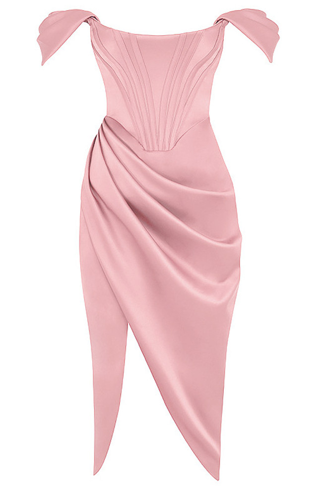 Bardot Structured Draped Midi Satin Dress Pink