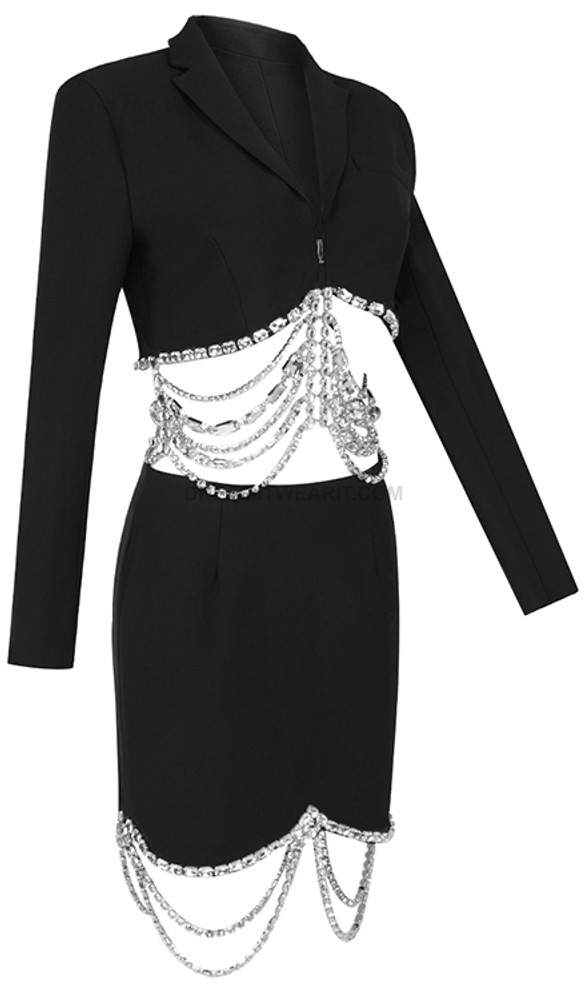 Long Sleeve Embellished Two Piece Dress Black