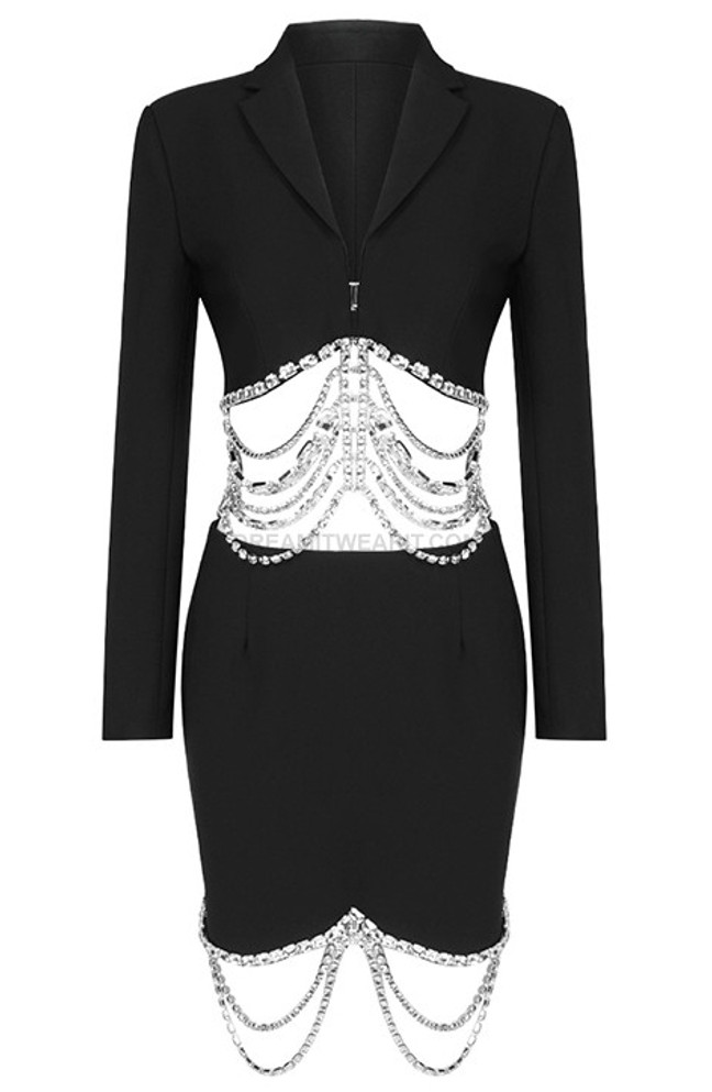 Long Sleeve Embellished Two Piece Dress Black