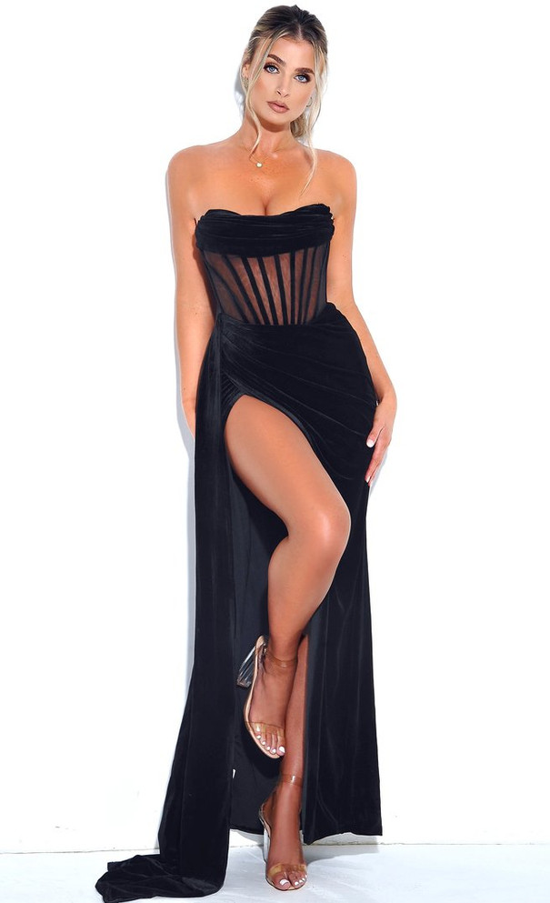 Strapless Draped Corset Maxi Velvet Dress Black