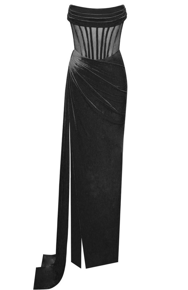 Strapless Draped Corset Maxi Velvet Dress Black