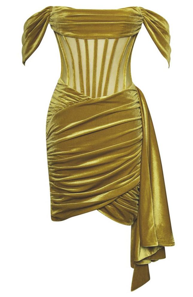 Off Shoulder Draped Corset Velvet Dress Gold