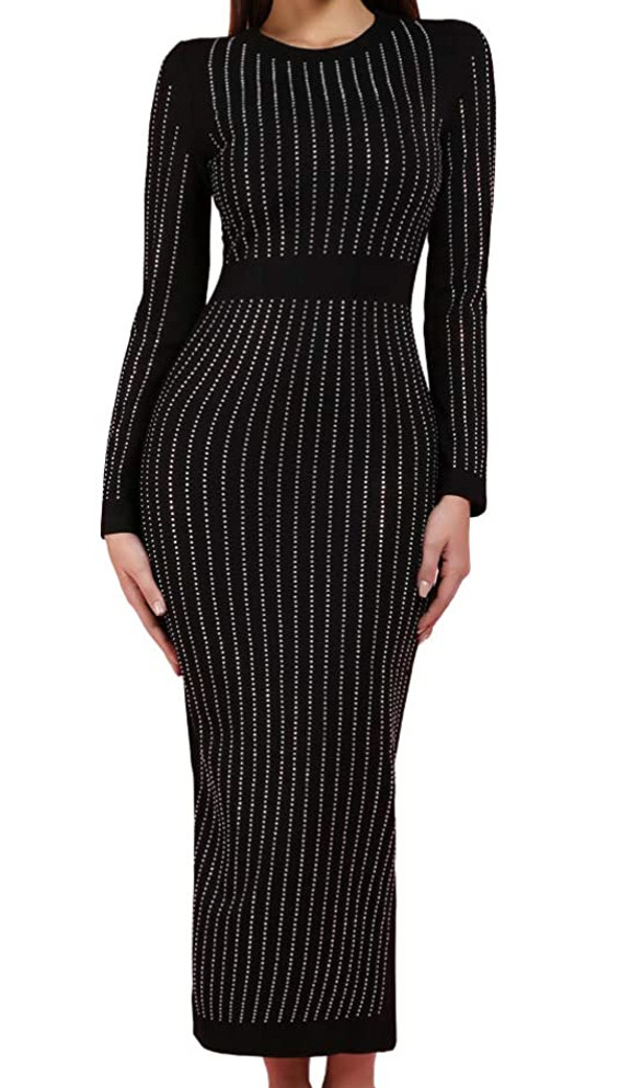 Long Sleeve Rhinestone Midi Dress Black