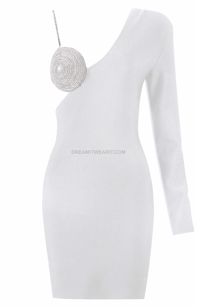 One Sleeve Rhinestone Bustier Dress White