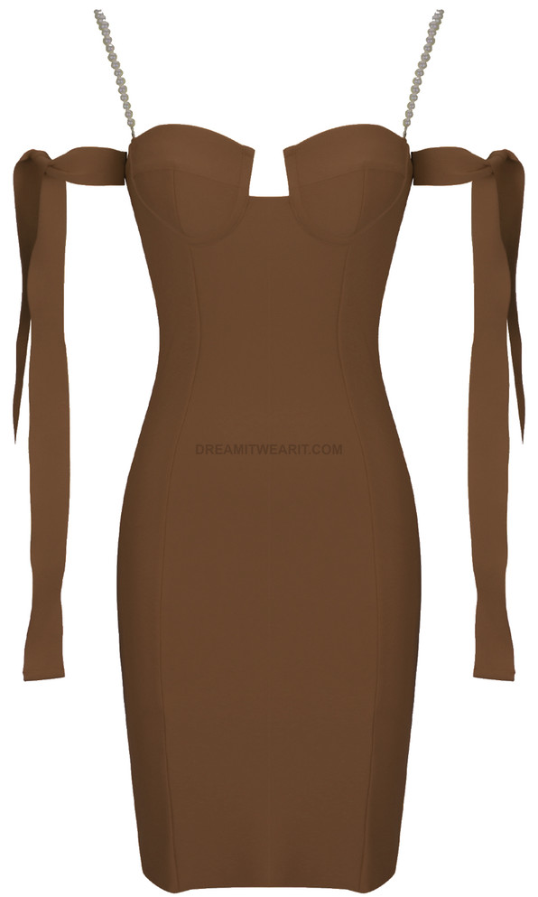 Pearl Strap Bardot Bustier Midi Dress Brown