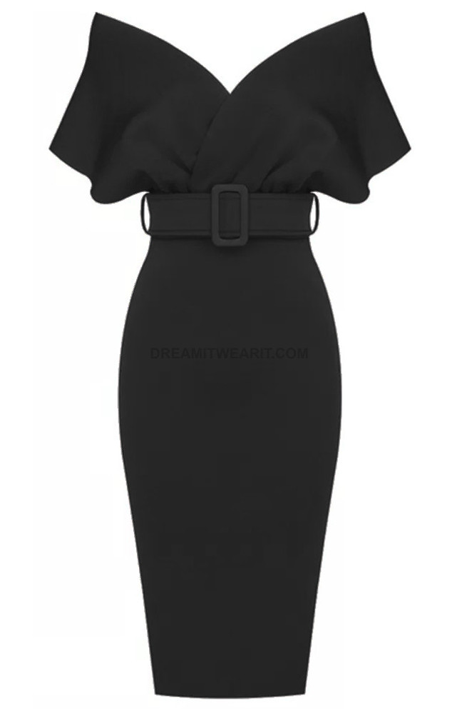 Off The Shoulder Belt Midi Dress Black