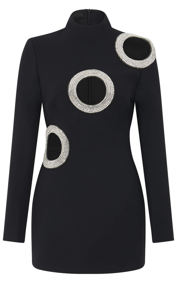 Long Sleeve Rhinestone Cut Out Dress Black - Candice Swanepoel