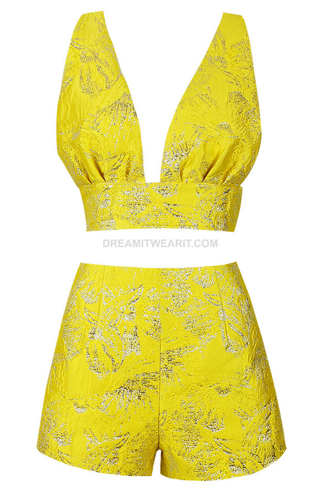 Sparkly Crop Top Shorts Set Yellow