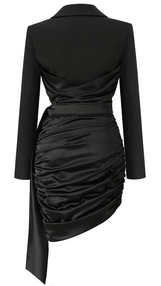 Long Sleeve Draped Silk Blazer Dress Black