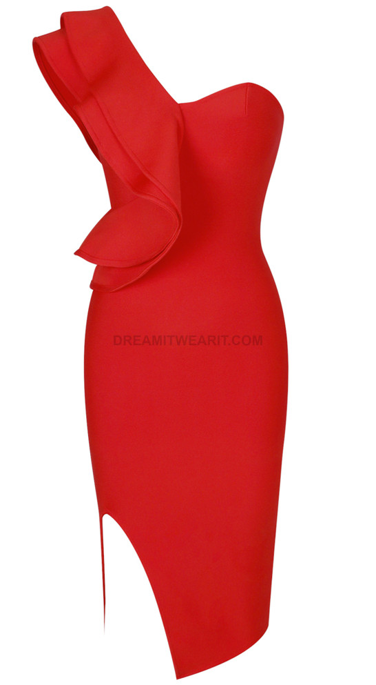 Ruffle One Shoulder Midi Dress Red