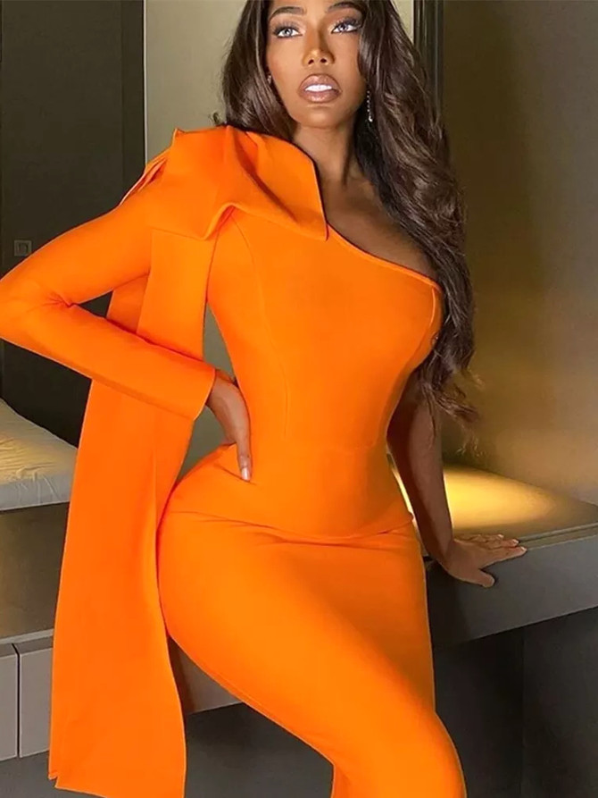 One Sleeve Bow Detail Midi Dress Orange