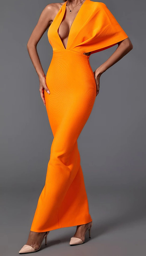 Halter Cape Backless Maxi Dress Orange