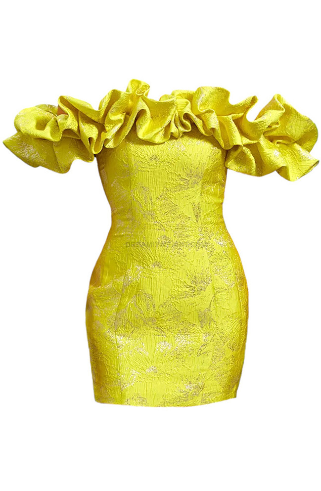 Puff Off Shoulder Sparkly Dress Yellow